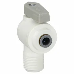 This manual two-way ball valve features a polypropylene body and lever handle. It has a full port ball port and an angle configuration with Push x MNPT ends. Suitable for fluid handling systems requiring NSF 51 compliance.