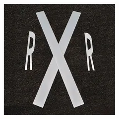 White pressure-sensitive adhesive pavement marking tape with legend 'R X R'. Complies with ASTM D6628, ASTM E1710, and ASTM E303. Used for marking parking lots, roadways, and industrial areas to convey regulatory or directional information.