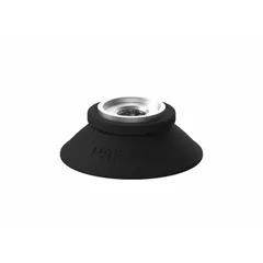 Flat vacuum pad assembly with 40 mm pad diameter and G3/8 in connection. Made of nitrile/PVC, black, 60A durometer. Suitable for handling and lifting parts in automotive applications.