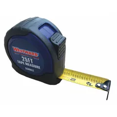 This 25 ft fractional-read tape measure features SAE markings with 1/32 in graduations for the first 12 in and feet markings. It includes a manual lock and a nonmagnetic single hook tip. The plastic body has a rubberized grip in black/blue. Suitable for construction, carpentry, and general industrial measuring tasks.