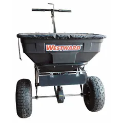 This walk-behind spreader is constructed with a steel frame and has a 125 lb capacity. It is suited for applying salt, ice melt, fertilizer, or seed across lawns, landscapes, and agricultural areas. The maximum spread width is 12 ft.
