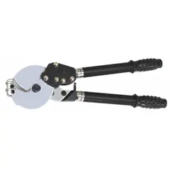 This ratcheting cable cutter is designed for cutting electrical and data cables. It features a shear cutting style and rubber handles for a secure grip. Overall length is 18 3/4 inches.