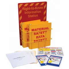 Wall-mount information center for displaying safety procedures, notices, or other workplace communications. Features a wire rack with sign mounting style. Overall dimensions: 20 in height, 14 1/2 in width, 4 1/2 in depth. Mounting hardware not included.