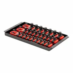 This socket organizer from ERNST MANUFACTURING is a red tray designed to hold and sort sockets. It features 25 individual clips for securing sockets and has an overall width of 5 5/16 inches. Suitable for use in toolboxes or workshop drawers to keep sockets organized by size.