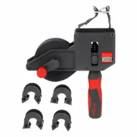 Composite strap clamp with a 23 ft polyester band and 1 in band width. Includes four pivoting Vario corners for corner protection and positioning. Used for securing workpieces during assembly or gluing operations, particularly for irregular shapes or large frames