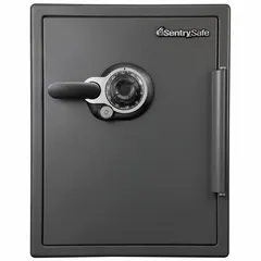 This free-standing security safe offers 2 cu ft of storage space and is constructed from steel. It is fire rated and water resistant, with 6 locking bolts for security. The mechanical combination lock provides keyless access. Suitable for protecting documents and valuables in home or office environments.