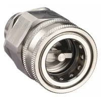 This H Series hydraulic quick-connect coupling body is designed for rapid, leak-free connection and disconnection of fluid lines in hydraulic systems. It features a 3/8"-18 thread size, is constructed from 316 stainless steel for corrosion resistance, and includes a nitrile seal material. Suitable for industrial machinery, mobile equipment, and high-pressure fluid transfer applications