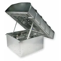 Belt-drive hinged hood fan for clean air applications in large facilities. Includes drive package, 54 in blade, 18,680 cfm exhaust airflow at 0.000 in SP. Unassembled, square base, roof-mounted. Motor is totally enclosed fan-cooled, standard efficiency, single speed, 115/208-230V AC.