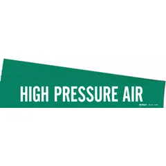 Green adhesive pipe marker with white legend reading 'High Pressure Air'. Fits pipe outer diameters from 2-1/2 to 7-7/8 inches. Supplied as a 5-pack without directional arrows. Used to identify high-pressure air lines in industrial piping systems.