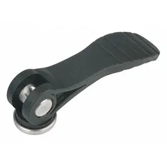 Cam lever with threaded hole, M8 steel thread, and 100 mm plastic handle. Used for quick clamping, positioning, and adjustment on machinery and fixtures in industrial assembly, jigs, and workholding applications.