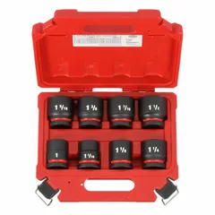 This 8-piece SAE impact socket set features a 3/4 in drive and includes sockets ranging from 1 in to 1-1/2 in. Designed for high-torque fastening and loosening tasks on industrial equipment, automotive repair, and construction machinery. The friction retention design ensures secure socket attachment during use.