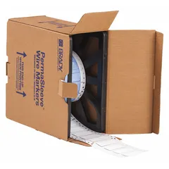 Polyolefin sleeve label in white matte finish, precut to 1/2 in x 2 in, for wire gauges 1 AWG to 8 AWG. Compatible with BBP11 printer series. Used for on-demand wire and cable identification in industrial and electrical applications.