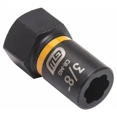 This 3/8" drive bolt extraction impact socket features a 7-point design for gripping and removing damaged or rounded-off bolts. The black oxide finish provides corrosion resistance. It is a standard socket, not tether capable, suitable for use with impact tools in automotive and industrial bolt removal applications.