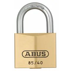 This ABUS 85/40 Series padlock features a brass body with an unfinished yellow finish and a steel standard shackle. It provides a vertical clearance of 57/64 inches and is configured with Master Key Code 0403; the master key is not included. Suitable for securing gates, lockers, cabinets, and industrial enclosures where multiple locks are operated by a single master key.