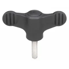 Wing knob with threaded stud for manual clamping, positioning, and adjustment on machinery, jigs, and fixtures. Plastic body with steel M6 thread, 20 mm thread length, 50 mm diameter. Wing design enables hand tightening without tools.