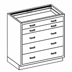 Wall-mounted base cabinet with five drawers, constructed of stainless steel. Overall width 35 in, depth 22 in. Suitable for organizing tools, instruments, or parts in laboratories, cleanrooms, and food-processing environments.