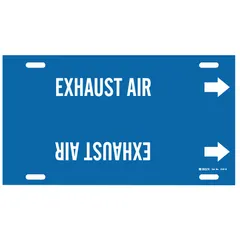 This strap-on pipe marker identifies exhaust air lines in piping systems. The blue background with white legend and directional arrows ensures clear visibility. Designed for pipe outer diameters of 8 to 9-7/8 inches, it is suitable for industrial facilities requiring pipe content identification.