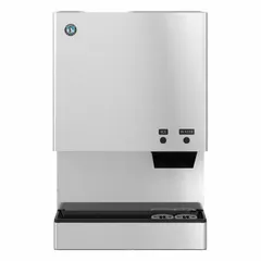 This air-cooled combination ice machine and dispenser produces 597 lb of nugget ice per day. It features push-button dispensing for self-service ice and water, suitable for cafeterias, hospitals, and restaurants. The unit measures 40 in high by 26 in wide.