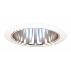 White matte finish housing trim ring for 6-inch recessed down lights. Rated 75 W for dry locations. Open design for flat ceilings. Polished aluminum construction.