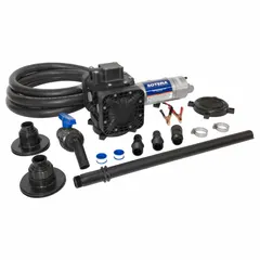 Diaphragm drum pump with 1/4 hp motor operating at 12 V DC, delivering 13 gpm. Includes hose and nozzle. Polypropylene (PP) suction tube. Suitable for transferring non-corrosive fluids from drums or containers in industrial, agricultural, and automotive settings.