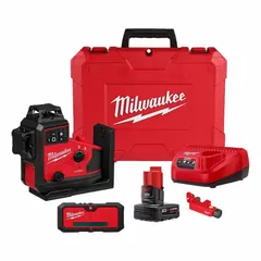 This plane laser level projects a green beam across three lines on three planes, with a range of 100 to 200 ft without a detector. It is suited for layout, alignment, and leveling tasks in construction and interior finishing, providing wall, floor, and ceiling references.