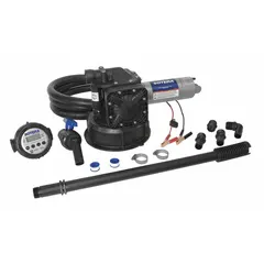 This diaphragm drum pump is powered by a 1/4 hp motor operating on 12 V DC, delivering a flow rate of 13 gpm. It includes a hose, nozzle, and meter, with a polypropylene (PP) suction tube. Suitable for transferring non-aggressive fluids from drums or containers in industrial, agricultural, and automotive settings.