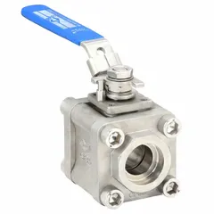 This stainless steel, straight, socket x socket vented ball valve features a locking lever handle and polymer seat. It is used for on/off flow control in industrial piping systems requiring corrosion resistance.