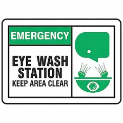 Adhesive-mounted vinyl sign for marking eye wash station areas to keep them clear. Nominal size 3-1/2 x 5 in, thickness 0.02 in. Not retroreflective, not glow-in-the-dark, no anti-slip surface. Sold in a 5-pack.