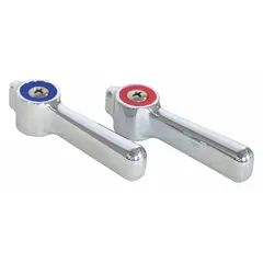 This lever faucet handle is constructed of brass with a chrome finish. It is designed for use with hot and cold water and includes a mounting screw. Suitable for replacement or new installation on compatible faucets in commercial or institutional settings.