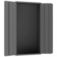 Steel bin cabinet with gray powder-coated finish, measuring 36 x 18 x 72 inches. Features a solid 14-gauge panel and keyed lock for secure storage. Configured with no shelves or bins, allowing customization for small parts, tools, and supplies in industrial and warehouse settings