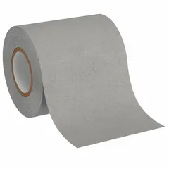 Solid gray rubber continuous roll tape, 6 in x 60 ft, 45 mil thick. Pressure-sensitive, chemical-resistant, and non-abrasive. Meets ANSI standards. Suitable for wet and humid indoor/outdoor areas where barefoot traffic occurs, such as pool decks, locker rooms, and showers.