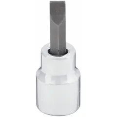 Slotted bit socket with 3/8 in drive size and 1/4 in tip size. Overall length 1 13/16 in. SAE standard. Used for driving slotted screws with ratchets and torque wrenches in assembly and maintenance tasks.