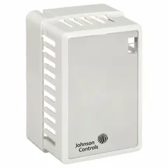 White plastic cover for Johnson Controls T-4000 series pneumatic thermostats. Includes a setpoint window and logo. Mounts vertically. Protects the thermostat while allowing adjustment access. Used in commercial HVAC systems for temperature control.