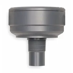 Noncontact ultrasonic level sensor transmitter with 1 in NPT connection and PVC construction. Provides continuous level measurement with 4-20mA output, 30V DC supply, and accuracy of +/-0.25% of full scale over a 6 ft range. Suitable for liquid level sensing in tanks, sumps, and open channels where noncontact operation is required.