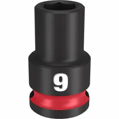 This 3/8" drive impact socket is designed for use with impact wrenches on metric 9 mm fasteners. The 6-point configuration provides a secure grip on hex fasteners, reducing the risk of rounding. Suitable for automotive repair, equipment maintenance, and industrial assembly tasks requiring high torque.