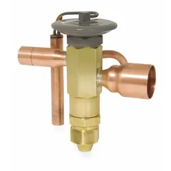 Straight-thru thermostatic expansion valve for R-22 refrigerant. Includes sensing bulb mounting clamp and permanent strainer. Superheat setting is field adjustable. Used in refrigeration and HVAC systems to regulate refrigerant flow into the evaporator.