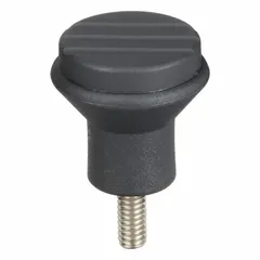 Pull knob with threaded stud for manual clamping, positioning, and adjustment on industrial machinery, fixtures, and jigs. Plastic body with stainless steel #8-32 thread, 21 mm diameter, and 10 mm thread length. Enables hand-tightening without tools for light-duty applications.