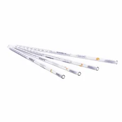 Sterile, individually wrapped serological pipette made of borosilicate glass. 10 mL capacity with 0.2 mL graduation increments. Short pipette type for precise liquid measurement and transfer in laboratory applications.