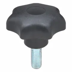 This 7-arm knob features a 63 mm diameter plastic body with a steel M12 threaded stud, 30 mm thread length. Designed for manual adjustment and clamping on machinery, jigs, and fixtures, it enables tool-free positioning in industrial settings.
