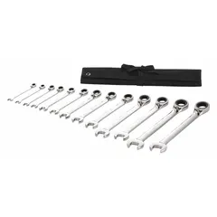This 13-piece set of SAE 12-point ratcheting combination wrenches covers sizes from 5/16 in to 1 in. The wrenches are constructed from alloy steel with a chrome finish. The ratcheting box end allows for faster fastener turning in confined spaces. The set is supplied in a storage pouch.