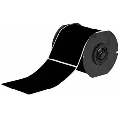 Thermal transfer precut label roll cartridge containing 200 labels measuring 6 in x 4 in. Labels feature rubber, permanent adhesive for durable marking. Compatible with Brady BBP33, i3300, and i5300 printers. Suitable for asset identification, safety signs, and pipe marking in industrial environments.