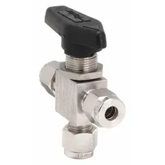 Manual three-way ball valve with L flow configuration for diverting or mixing flow in piping systems. Constructed from 316 stainless steel with a 1/2-inch standard port and lever handle operation.