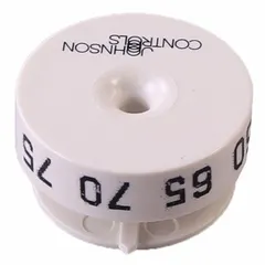 White plastic external horizontal mount set point adjustment dial for pneumatic thermostats. Compatible with manufacturer model number T-4002-203. Used in commercial HVAC systems to manually adjust temperature setpoints on horizontal mount pneumatic controls.
