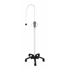 Floor-stand medical light delivering 20,000 lux at 16 inches with a 5200K color temperature and 90 CRI. Operates on 120V AC via power cord and plug, using a 6W LED. Includes clamp/floor stand for flexible positioning in clinical examination and procedure settings.