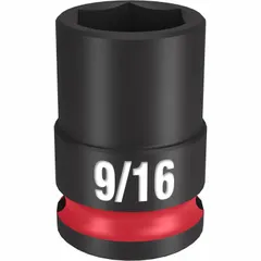 This MILWAUKEE impact socket features a 3/8" drive and 9/16" SAE hex size with a 6-point design. The black phosphate finish provides corrosion resistance. It is used for fastening and loosening fasteners with impact tools in automotive, industrial, and maintenance applications.