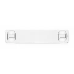 Rectangular plate for label stamping presses, made from 0.01 in thick 316 stainless steel. Measures 3/4 in x 3-1/2 in with four mounting holes. Suitable for outdoor use and harsh environments where corrosion resistance is required. Used to create durable identification tags for industrial equipment, pipes, and electrical panels.