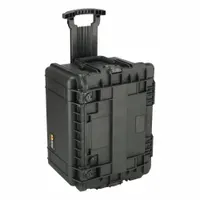 This plastic rolling tool box from PELICAN features a black hinged lid and a single compartment for storing and transporting tools and equipment. Its rolling base facilitates movement across job sites, warehouses, and industrial environments. The durable plastic construction protects contents during transport