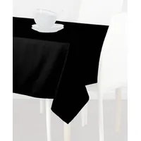 This rectangular tablecloth is made of black polyester and measures 52 inches wide by 96 inches long. It is suited for covering banquet, conference, or dining tables in hospitality and event settings