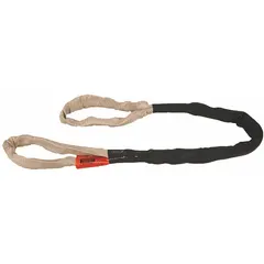 This abrasion-resistant eye round sling is constructed with a polyester core and a polyester sleeve with a nylon cover. It is used for lifting and rigging heavy loads in industrial environments where wear resistance is required. The 18 ft sling length provides versatility for various lifting applications.