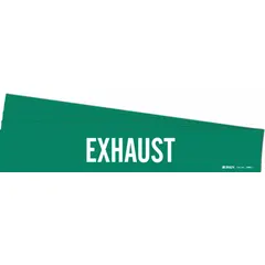 Green adhesive pipe markers with white 'Exhaust' legend, designed for pipe outer diameters from 2-1/2 to 7-7/8 inches. Each pack contains five markers without directional arrows, used to identify exhaust piping in industrial and facility systems.